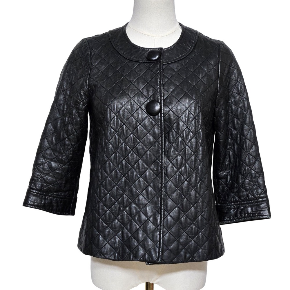 Vince Jacket Womens 2‎ Black Quilted Leather Cropped Button Front Lined Coat